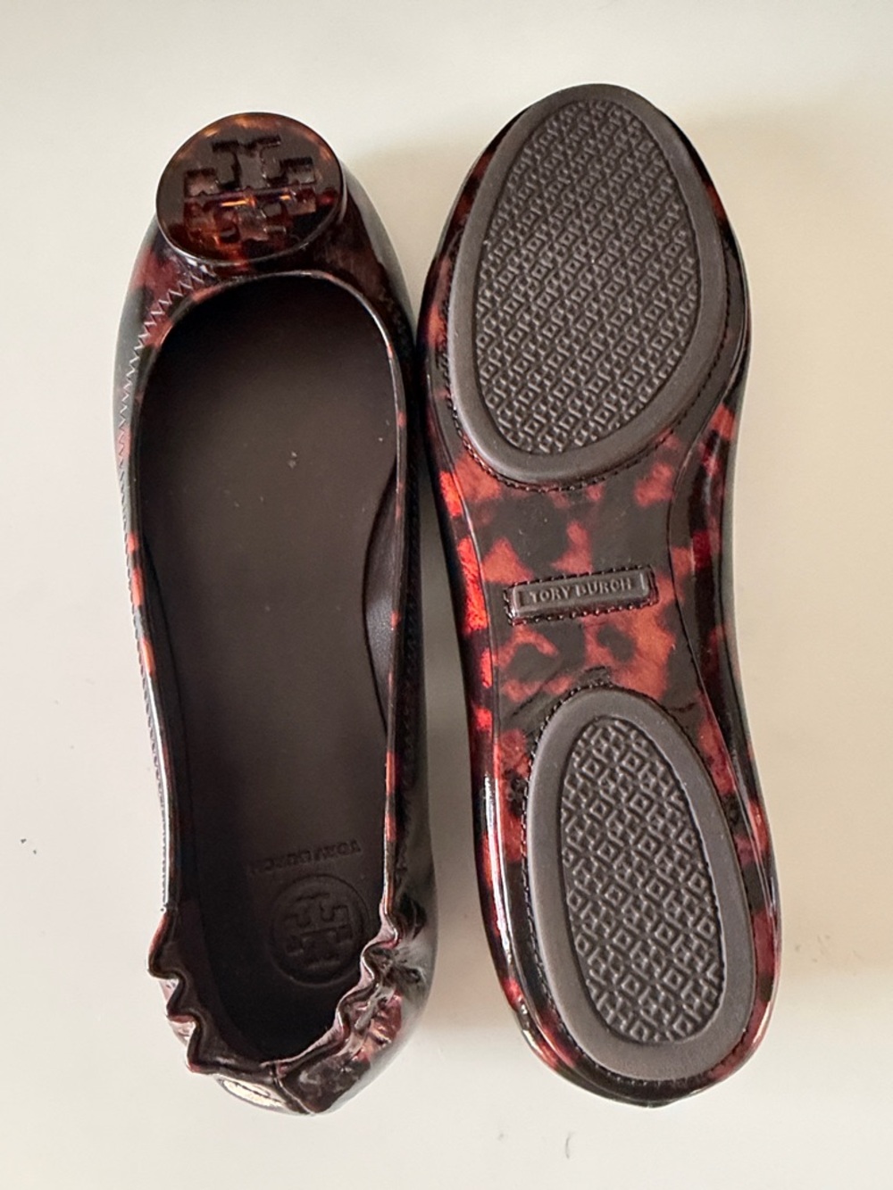 Tory Burch Red Black Tortoiseshell Patent Reva Ballet Flats